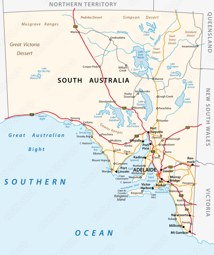 Road map of South Australia showing Adelaide and regional centres